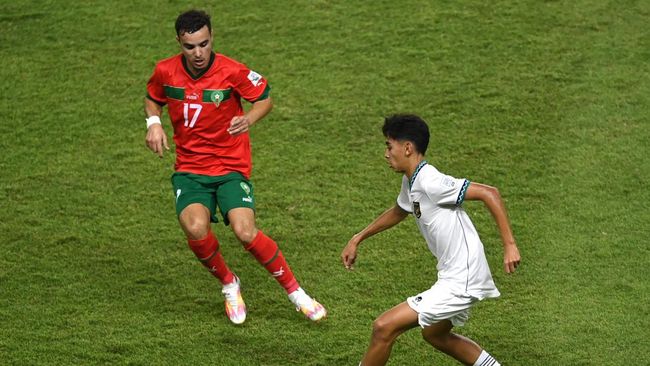 Timnas Indonesia U-17 tertinggal 1-2 dari Maroko di babak pertama pada laga ketiga grup A Piala Dunia U-17 2023.